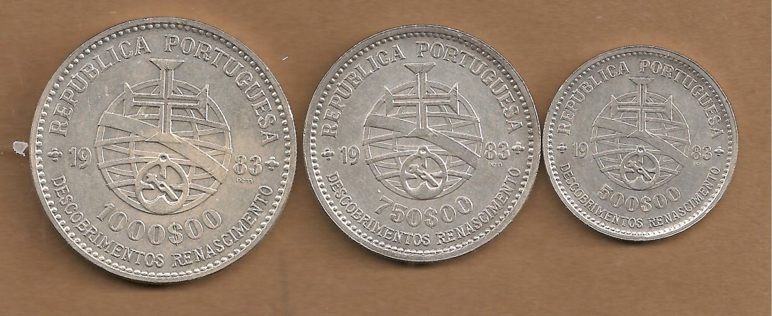  Portugal - series of 3 coins 500,750,1000 Escudos 1983   