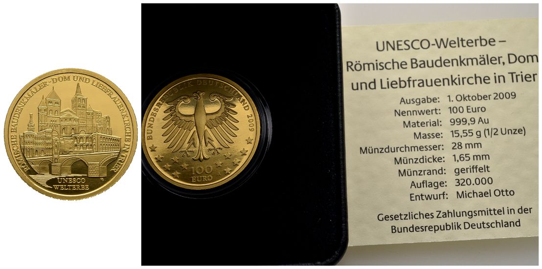 PEUS BRD 15,55 g Feingold. Trier mit Etui + Zertifikat 100 Euro GOLD 2009 A Berlin Stempelglanz