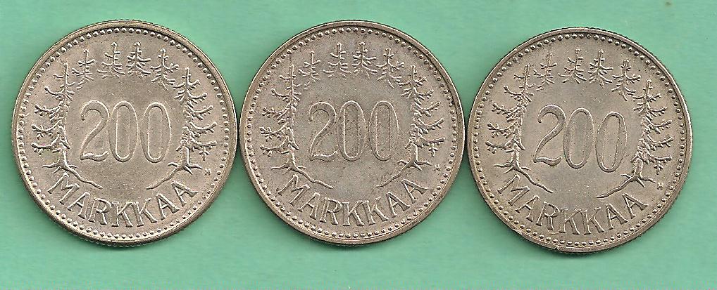  Finlandia - drei Münzen 200 Markkaa Jahre 1956-1958 silber   