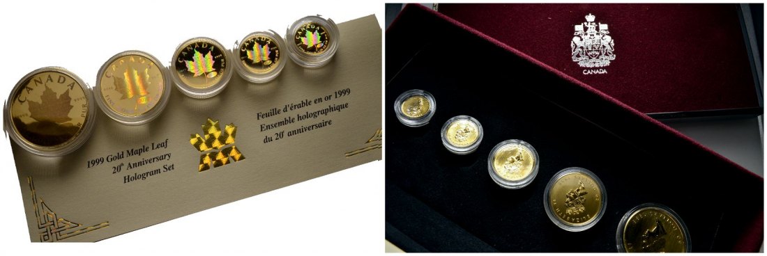 PEUS 6363 Kanada 59,05 g Feingold. 20. Jahrestag Maple Leaf Maple leaf Set GOLD (5 Münzen) 1999 Proof, Hologramm