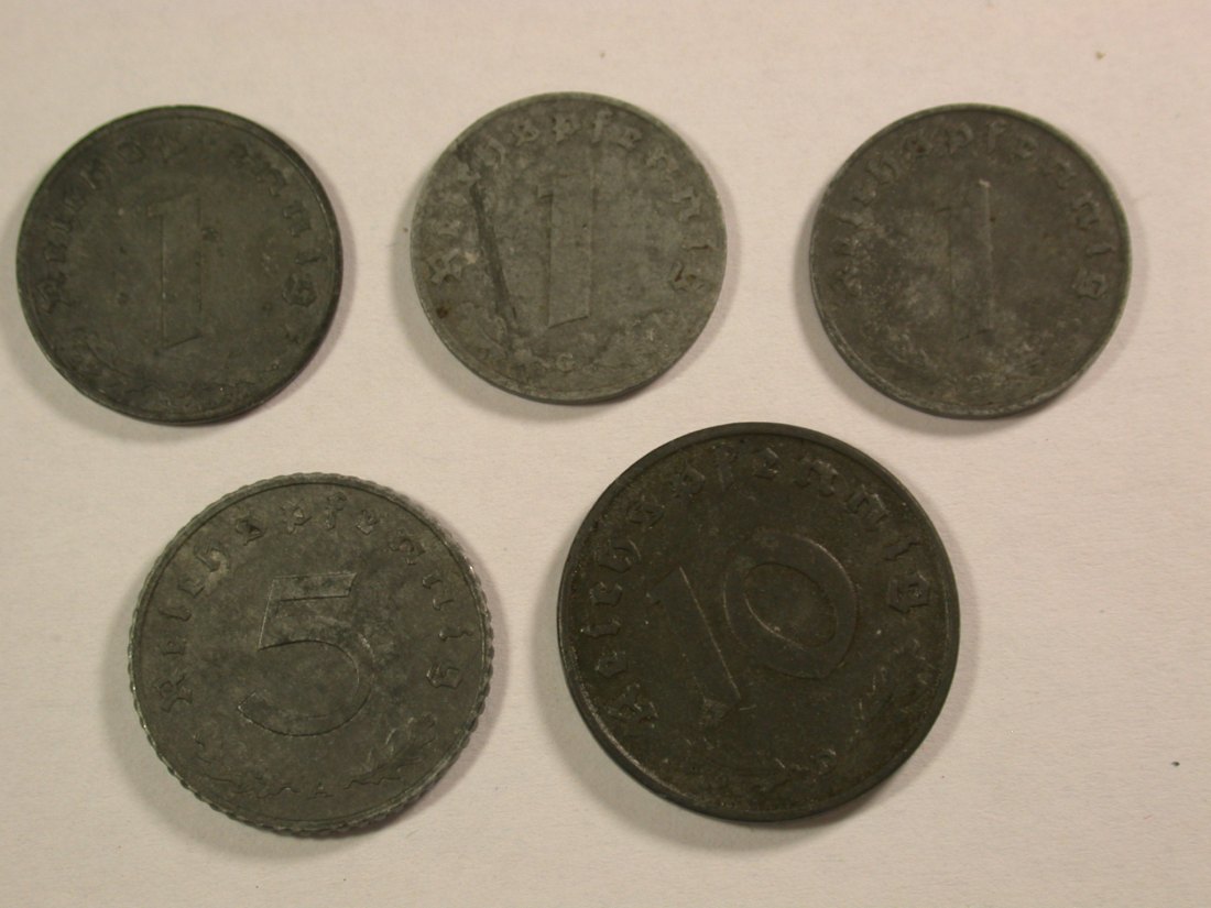  Lots -13- 3. Reich 1, 5 und 10 Pfennig, 1941-1943 5 Münzen Orginalbilder   