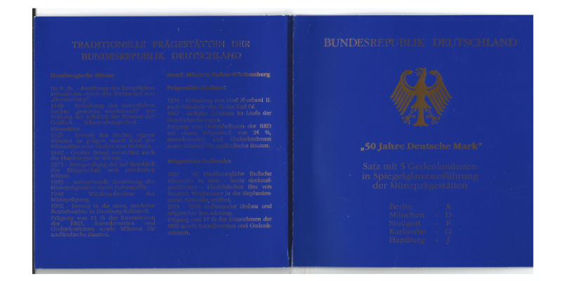  BRD  5 x 10 DM  1998 (50 Jahre Deutsche Mark) FM-Frankfurt  Feingewicht: 71,65g Silber pp   