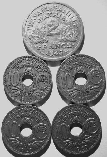 Frankreich 4x10 Centimes+2Frances
