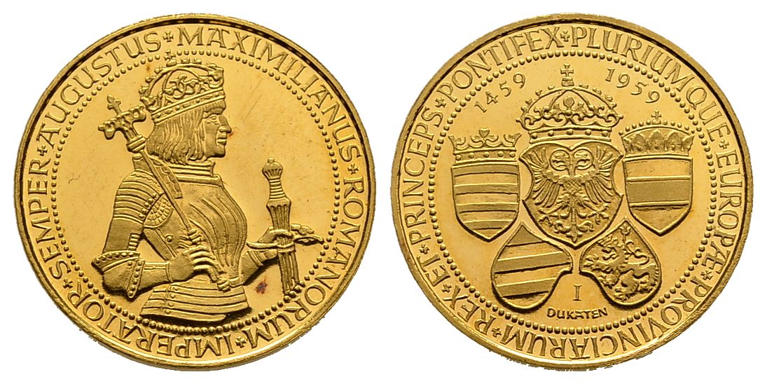 PEUS 6654 Österreich 20 mm / 3,44 g Feingold. 500. Geburtstag Maximillian I. Goldmedaille 1959 Vorzüglich +