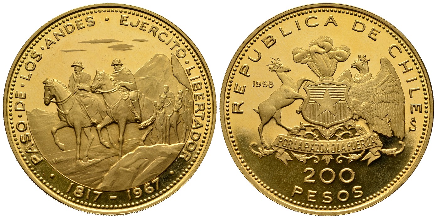 PEUS 6845 Chile 36,61 g Feingold. Reiter auf dem Paso de los Andes 200 Pesos GOLD 1968 Impaired Proof / Vz + aus PP