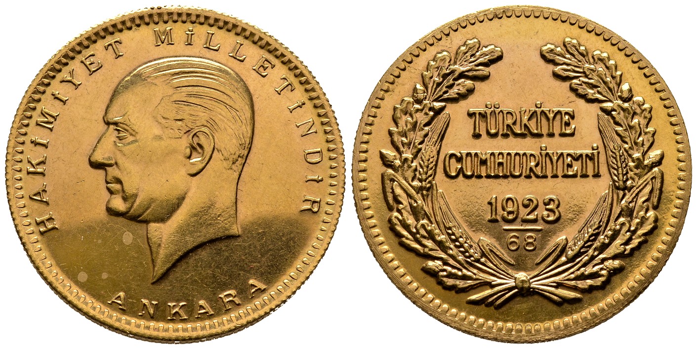 PEUS 6846 Türkei 33,07 g Feingold. Atatürk. 500 Piaster GOLD 1923-68=1991 Sehr schön