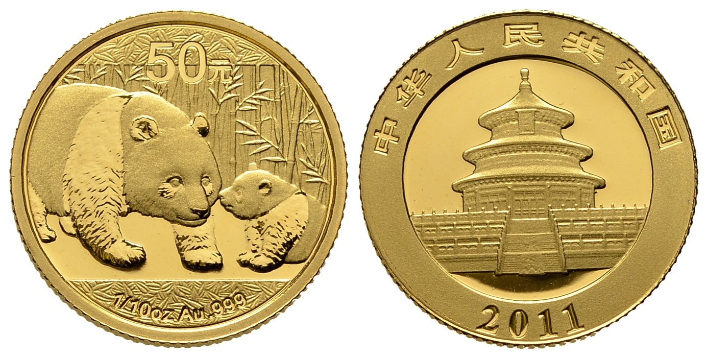 PEUS 6847 China 3,11 g Feingold. Pandamutter mit Kind vor Bambus 50 Yuan GOLD 1/10 Unze 2011 Uncirculated