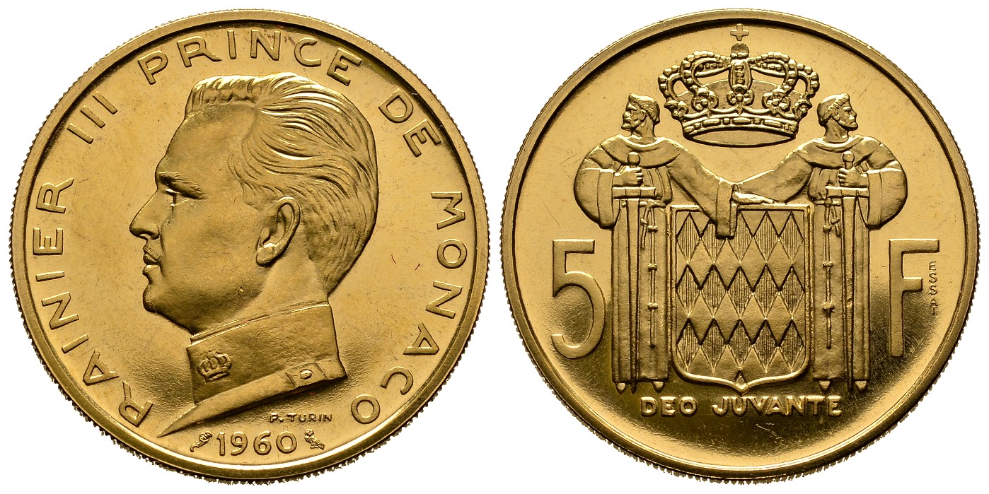 PEUS 6864 Monaco 18,86 g Feingold. Rainer III. (1949 - 2005) 5 Francs GOLD 1960 Vorzüglich +
