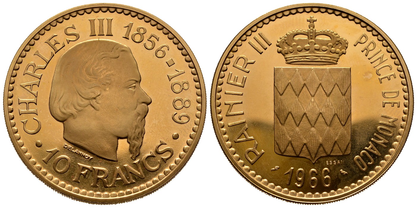PEUS 6865 Monaco 39,1 g Feingold. 100. Jahre Monte Carlo 10 Francs GOLD 1966 Vorzüglich +