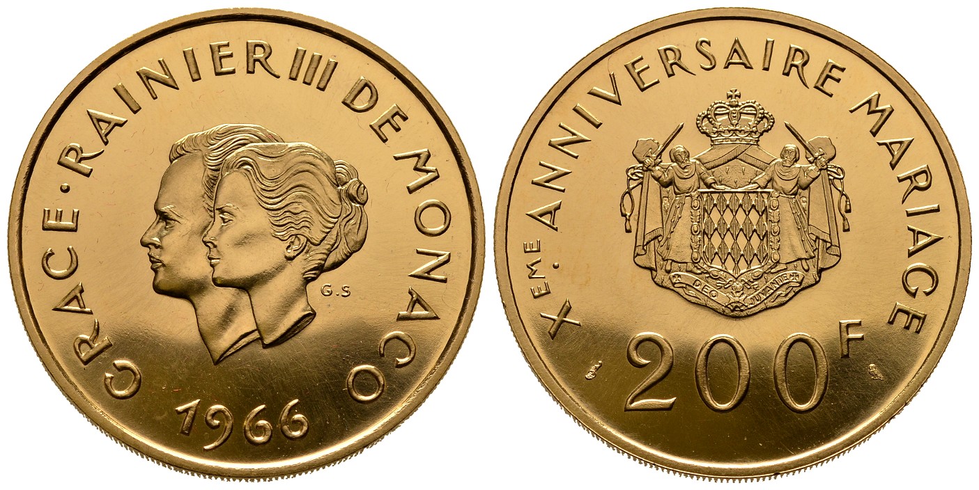 PEUS 6866 Monaco 29,44 g Feingold. 10. Hochzeitstag Gracia & Rainer 200 Francs GOLD 1966 Vorzüglich +