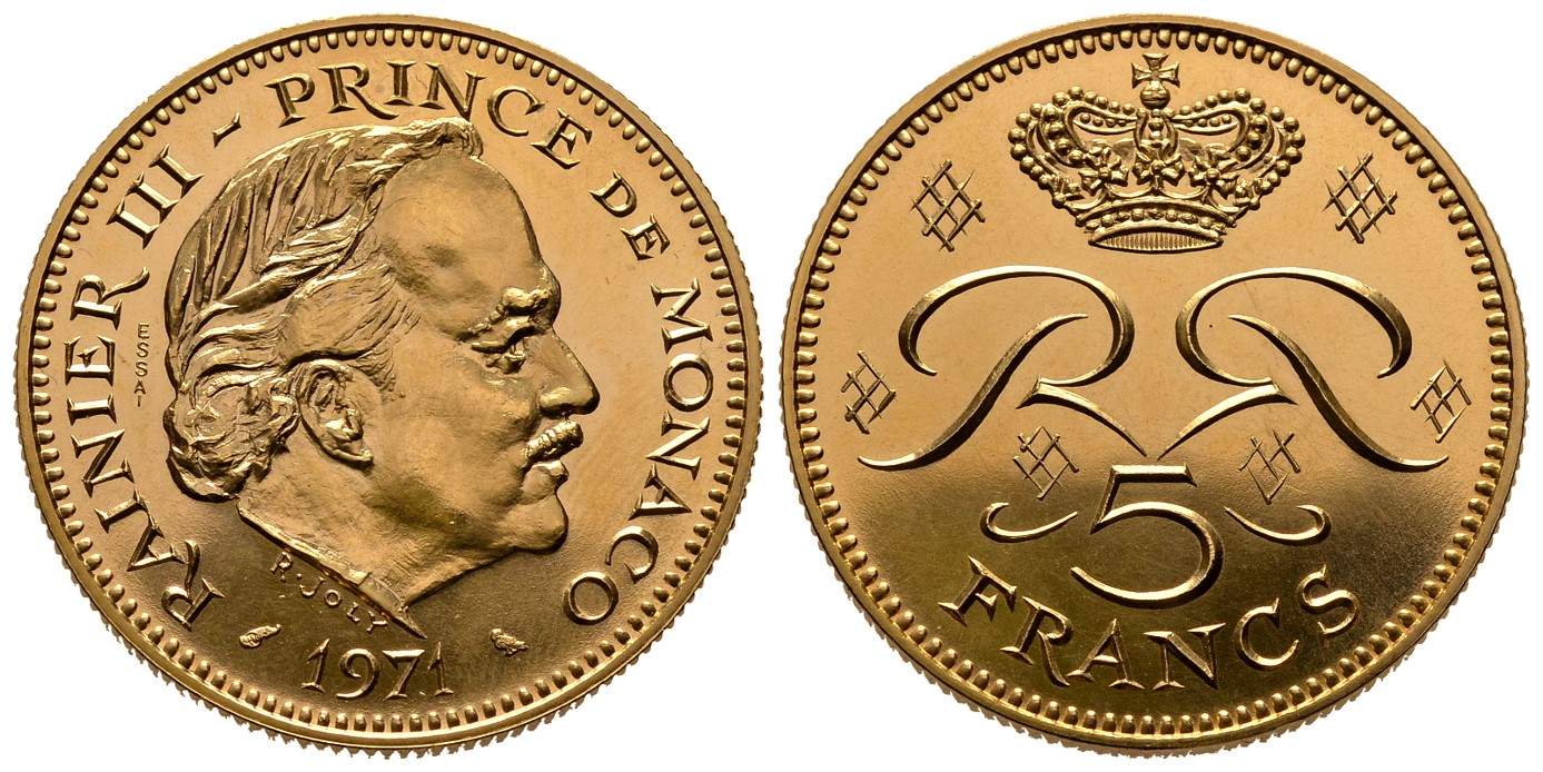 PEUS 6868 Monaco 17,89 g Feingold. Rainer III. (1949 - 2005) 5 Francs GOLD 1971 Impaired Proof / Vz + aus PP