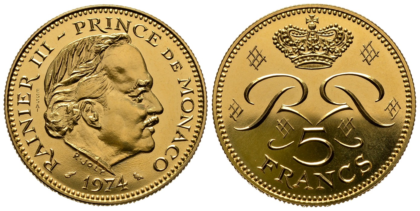 PEUS 6869 Monaco 17,89 g Feingold. Rainer III. (1949 - 2005) 5 Francs GOLD 1974 Impaired Proof / Vz + aus PP
