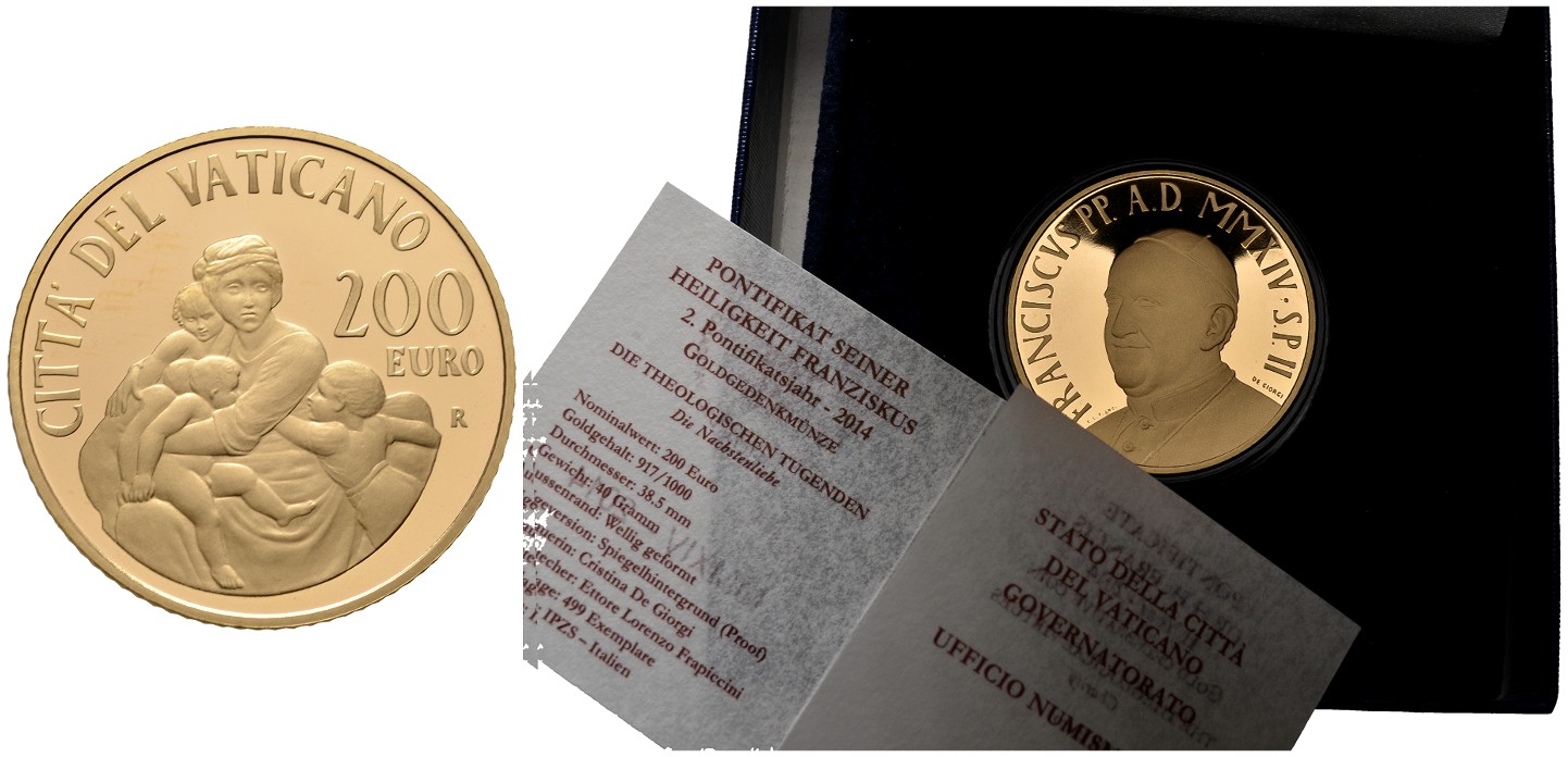 PEUS 6953 Vatikan 36,68 g Feingold. Die Nächstenliebe incl. Etui, Verpackung + Zertifikat 200 Euro GOLD 2014 Proof