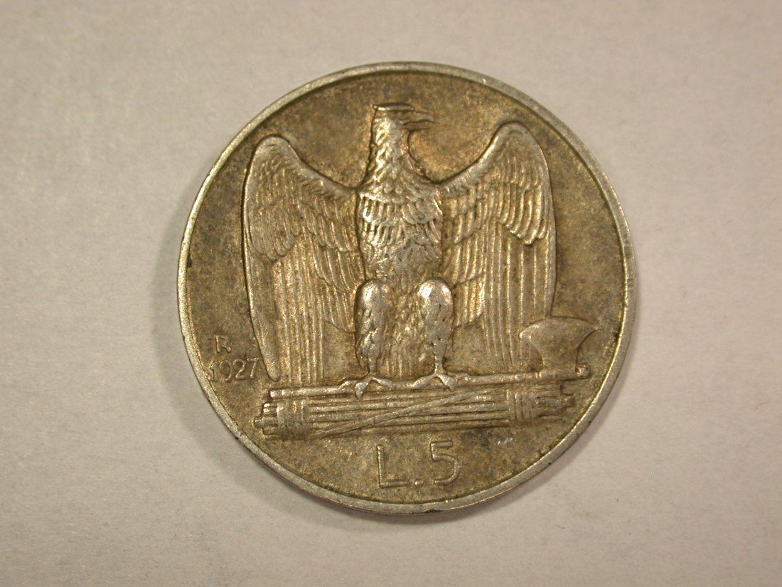 A204 Italien 5 Lire 1927 R in vz Rdf. Silber Orginalbilder