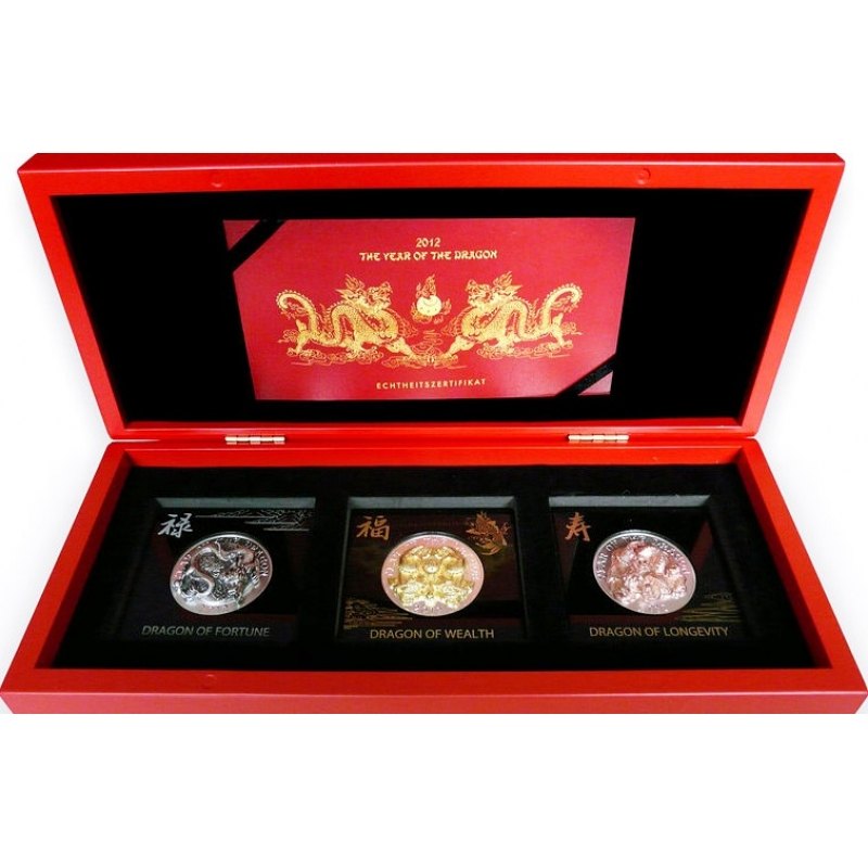 Ruanda Rwanda 2012 - 3 x 500 Francs Year of The Dragon Three Dimensional - 3 x 1 oz Silver Coin Set
