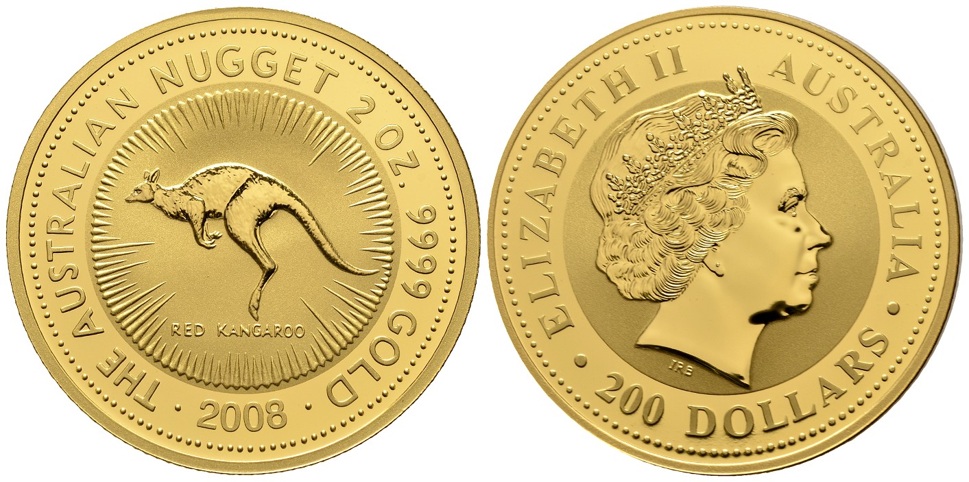 PEUS 7282 Australien 62,2 g Feingold. Rotes Riesenkänguru 200 Dollars GOLD 2 Unzen 2008 Uncirculated (in Kapsel)