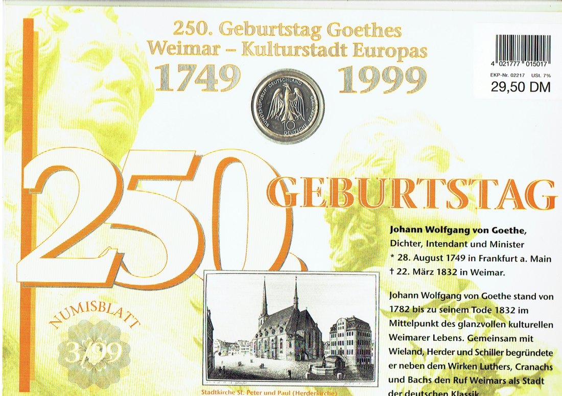  Numisblatt Deutschland(3/99) Weimar/Goethe mit 10 Mark Sondermünze Goethe/Weimar in Silber(a13)   
