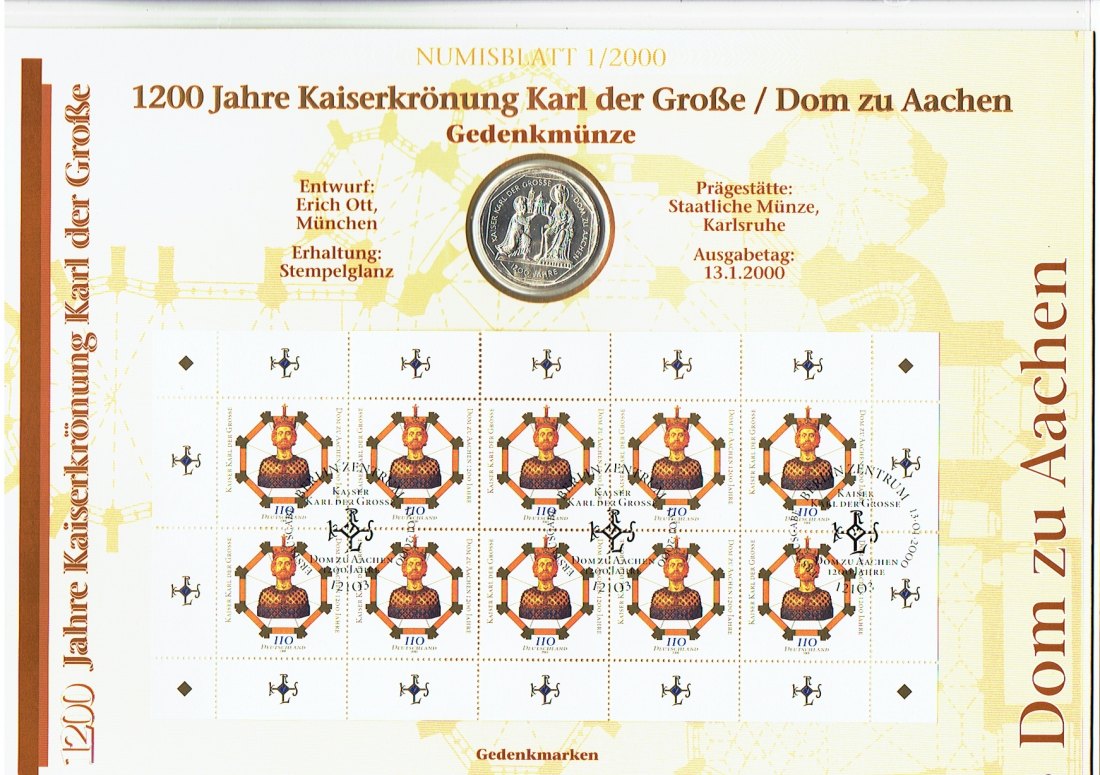 Numisblatt Deutschland(1/2000) Karl der Große mit 10 Mark Sondermünze Karl der Große in Silber(a14)