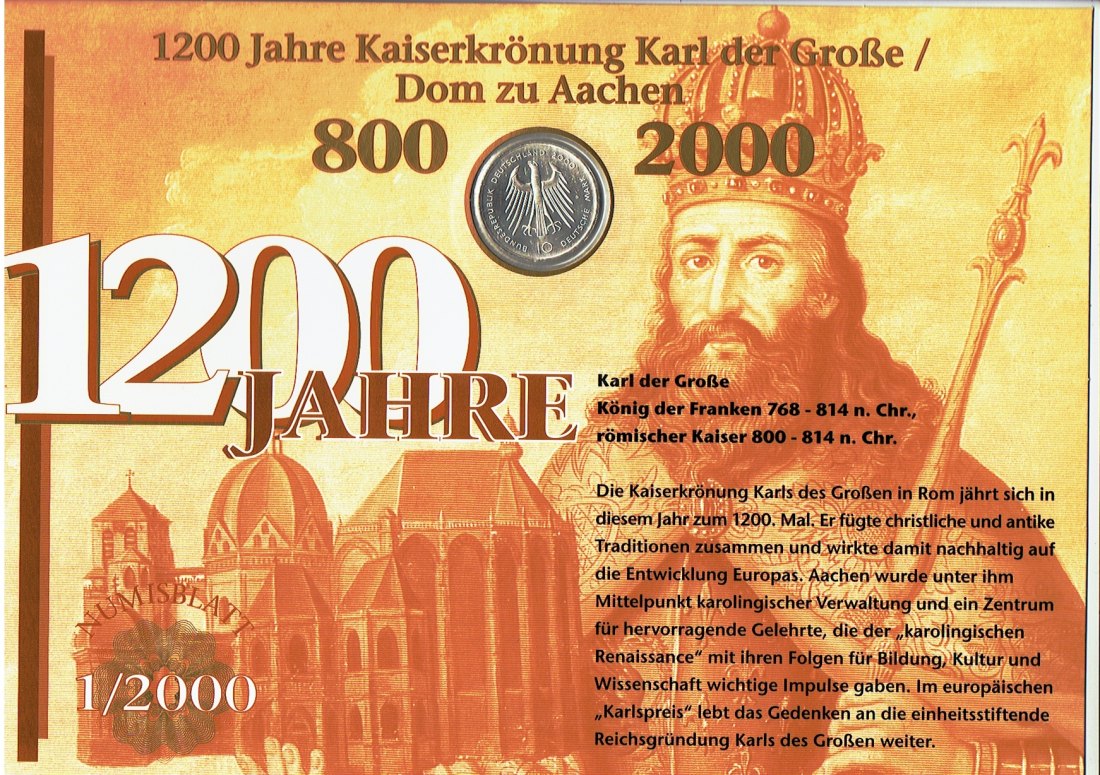  Numisblatt Deutschland(1/2000) Karl der Große mit 10 Mark Sondermünze Karl der Große  in Silber(a14)   