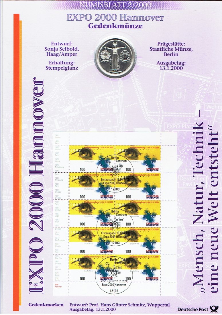  Numisblatt Deutschland(2/2000) Hannover Expo mit 10 Mark Sondermünze Expo 2000  in Silber(a15)   