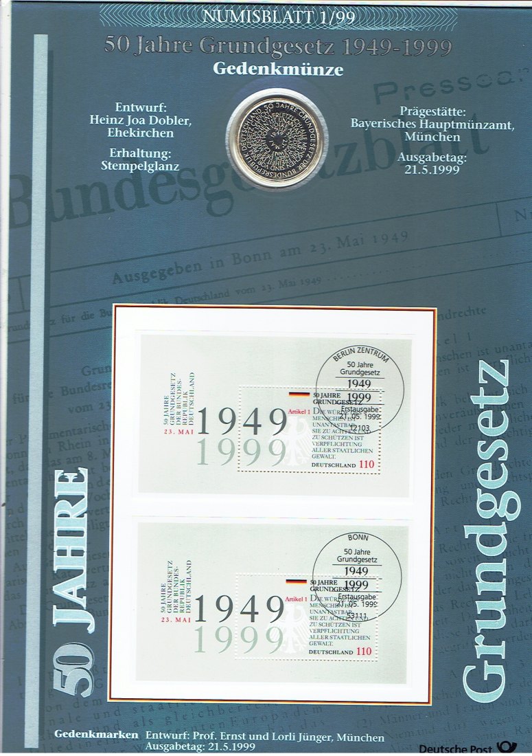  Numisblatt Deutschland(1/1999) Grundgesetz mit 10 Mark Sondermünze Grundgesetz  in Silber(a18)   