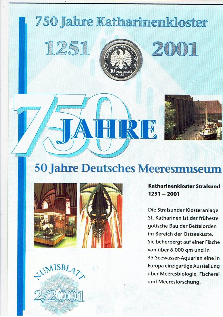  Numisblatt Deutschland(2/2001) Meeresmuseum mit 10 Mark Sondermünze Meeresmuseum  in Silber(g1292)   