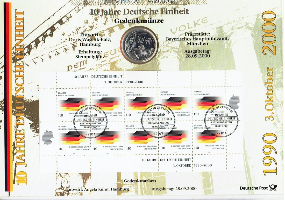  Numisblatt Deutschland(4/2000)10 Jahre Deutsche Einheit mit 10 Mark Sondermünze in Silber(g1290)   