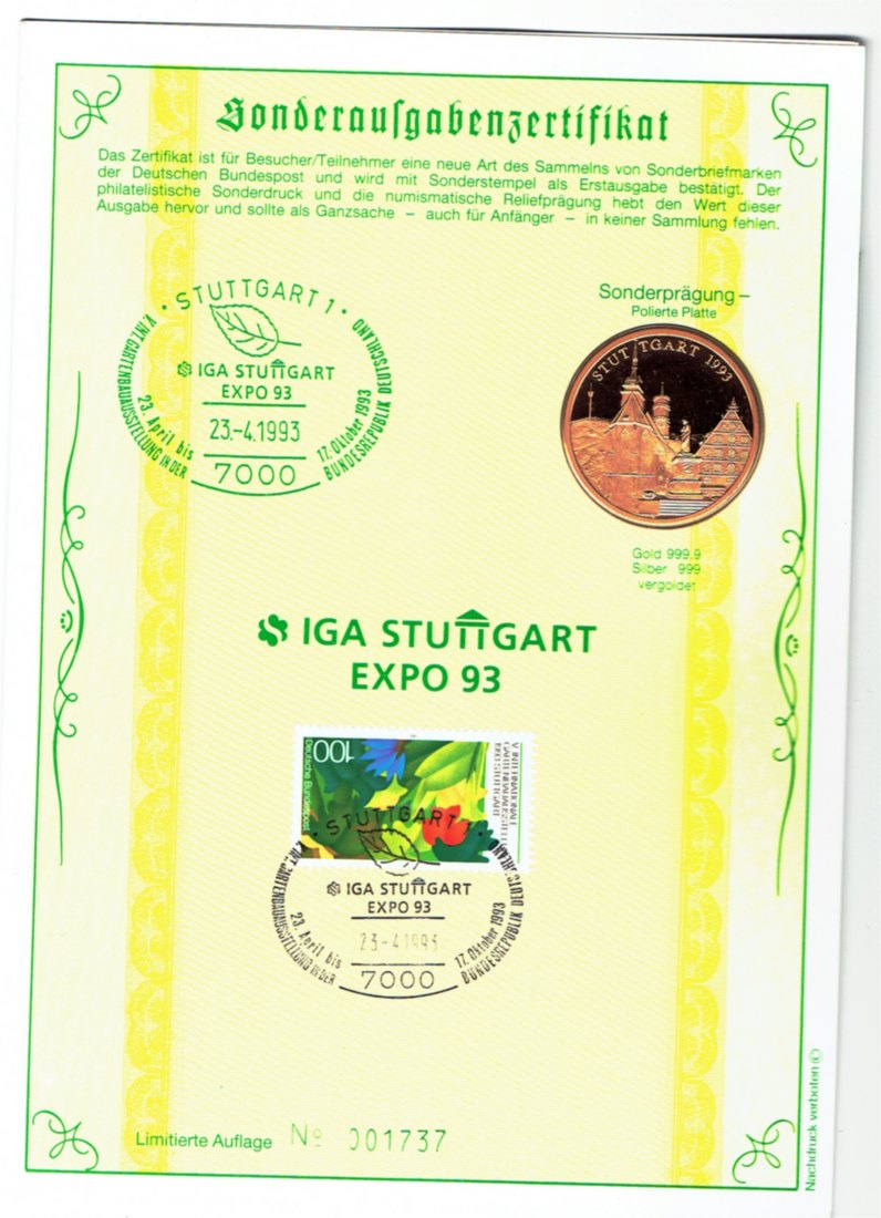 Numisblatt mit Silbermedaille(vergoldet) auf die IGA Stuttgart 1993(g1267)