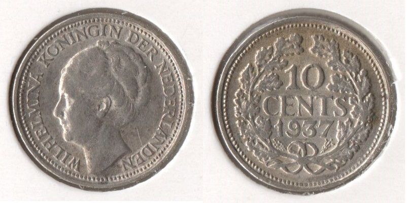  Niederlande 10 Cents 1937 SILBER Wilhelmina (1890-1948) vorzüglich   