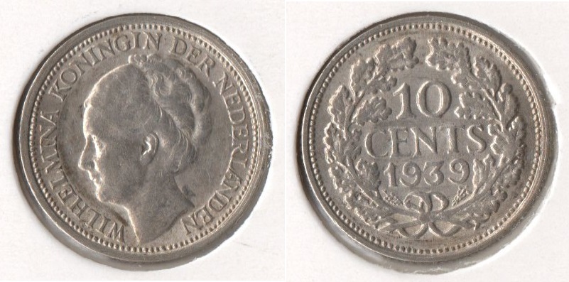  Niederlande 10 Cents 1939 SILBER Wilhelmina (1890-1948) vorzüglich   