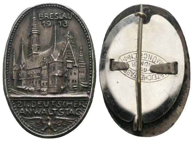  Breslau 1913, 21. Deutscher Anwaltstag; Medaille unedel; 12,8 g; H43xB29 mm   