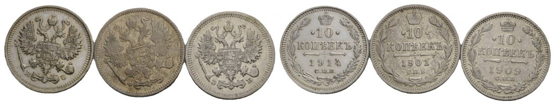  Russland, 3 Kleinmünzen (10 Kopeken 1914/1901/1909)   