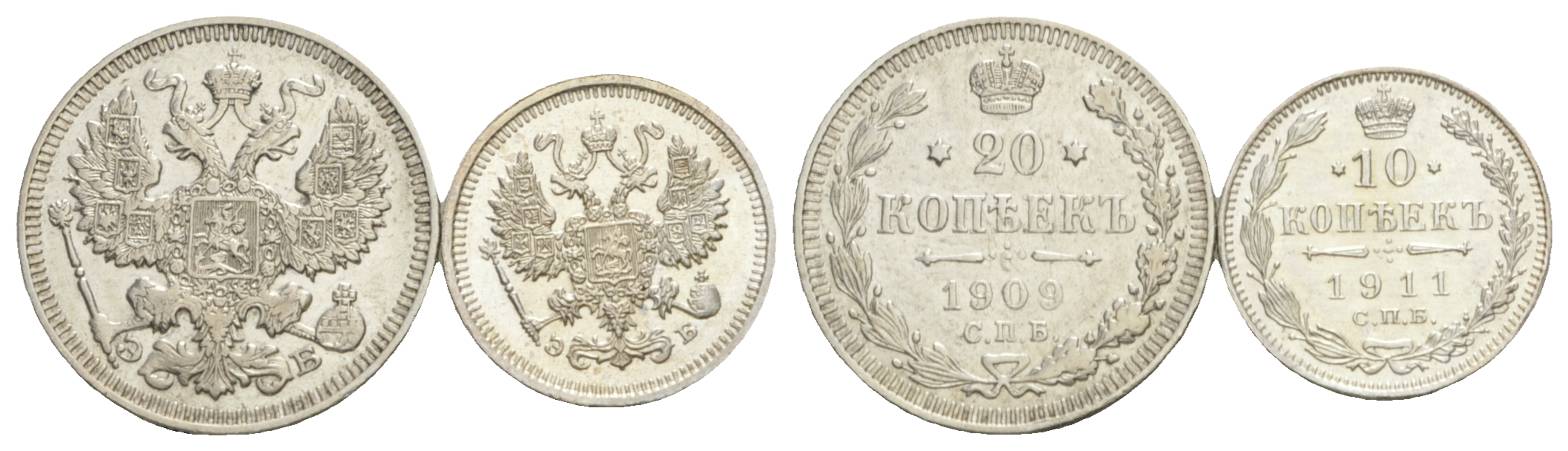  Russland, 2 Kleinmünzen (20/10 Kopeken 1909/1911)   