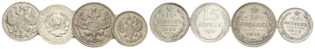  Russland, 4 Kleinmünzen (15/15/20/10 Kopeken 1909/1927/1915/1909)   