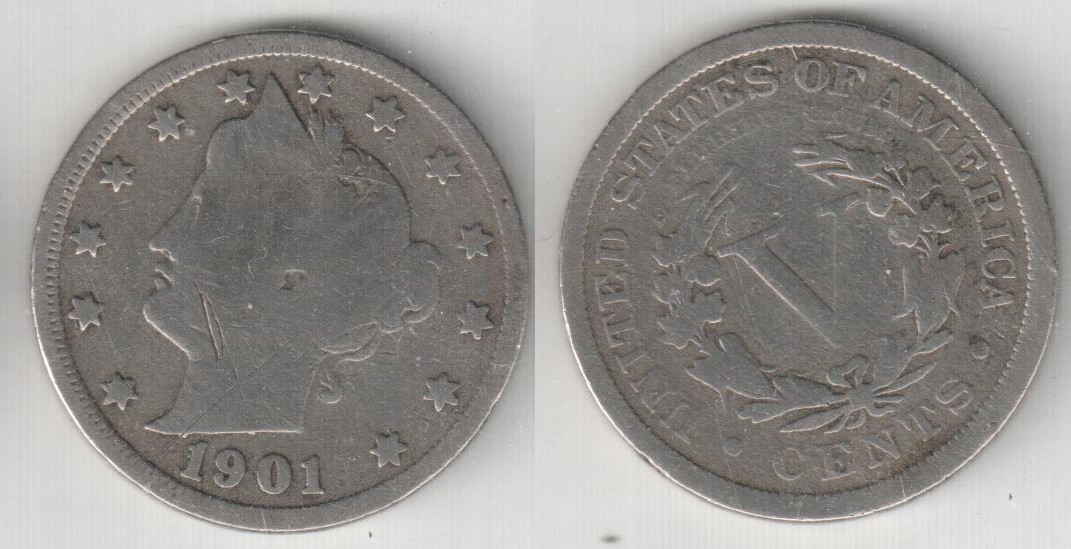 USA Nickel 5 Cents 1901 gereinigt