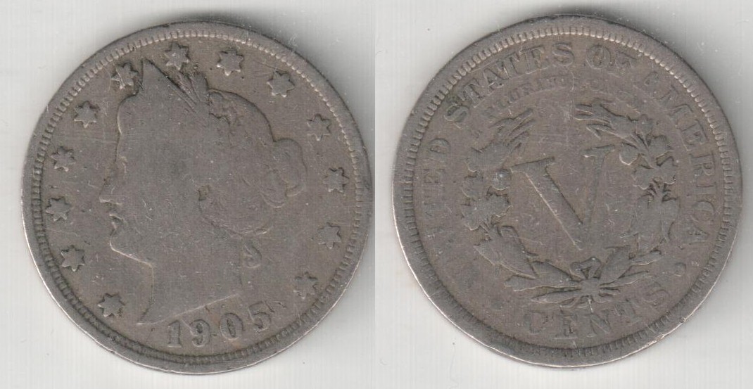 USA Nickel 5 Cents 1905 gereinigt