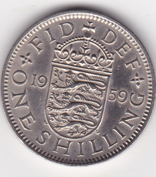  Großbritanien, 1 Shilling 1959, englisches Wappen, sehr selten, vorzüglich   