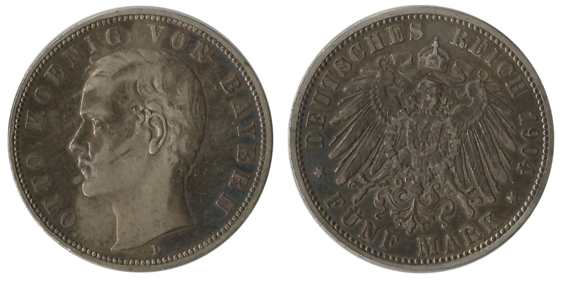  Bayern, Kaiserreich  5 Mark  1904 D  FM-Frankfurt Feingewicht: 25g Silber sehr schön   