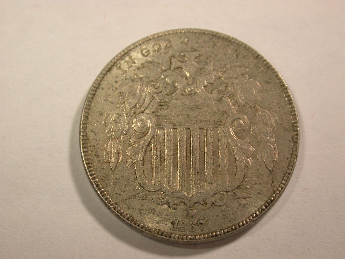  B01 USA  1867 Rays Shiled Nickel in AU !! (vz-st) RR   Orginalbilder   