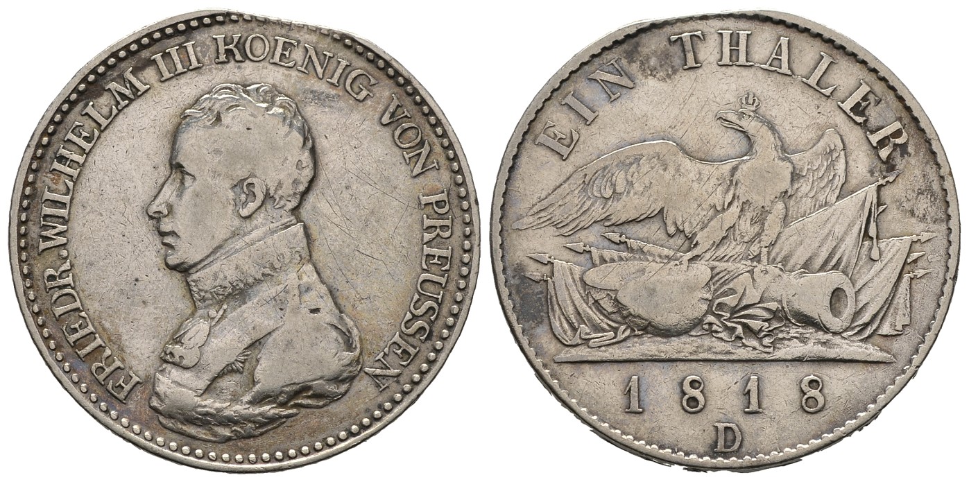 PEUS 7527 Preußen, Königreich Friedrich Wilhelm III. (1797 - 1840) Taler 1818 D Starker Randfehler, Fast Sehr schön