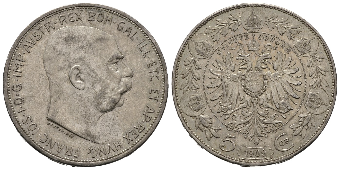 PEUS 7531 Österreich 21,6 g Feinsilber. Franz Joseph I. (1848 - 1916) 5 Kronen SILBER 1909 Sehr schön