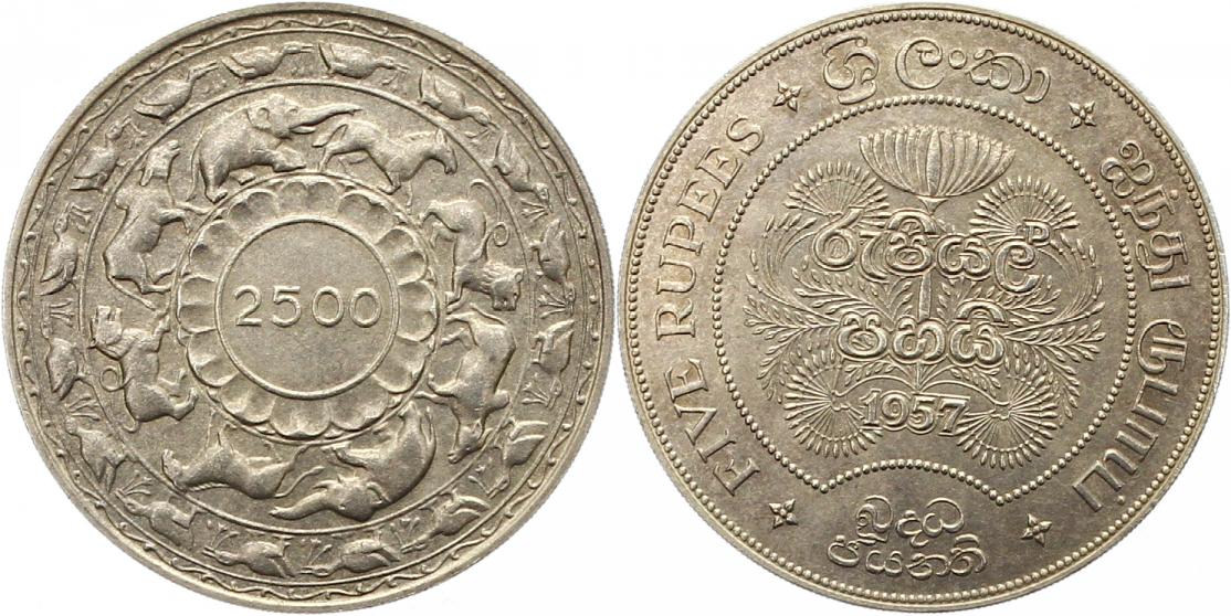  7172 Ceylon 5 Rupien 1957 2500 Jahre Buddhismus 26,14 Gramm Silber sehr schön - vorzüglich   