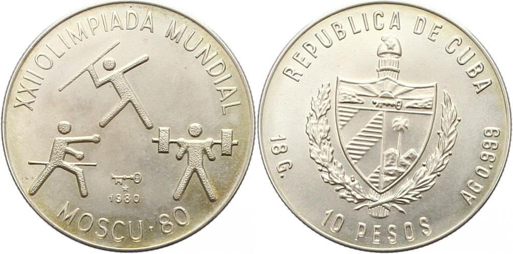  7174 Cuba  10 Pesos 1980 18 Gramm Silber Stempelglanz aus polierter Platte   