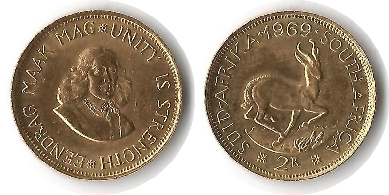 Süd Afrika MM-Frankfurt Feingewicht: 7,32g Gold 2 Rand 1969 sehr schön / vorzüglich