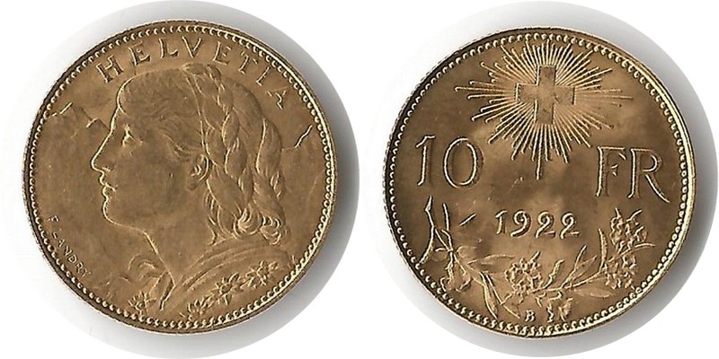 Schweiz MM-Frankfurt Feingewicht 2,90g Gold 10 sFR (1/2 Vreneli) 1922 sehr schön