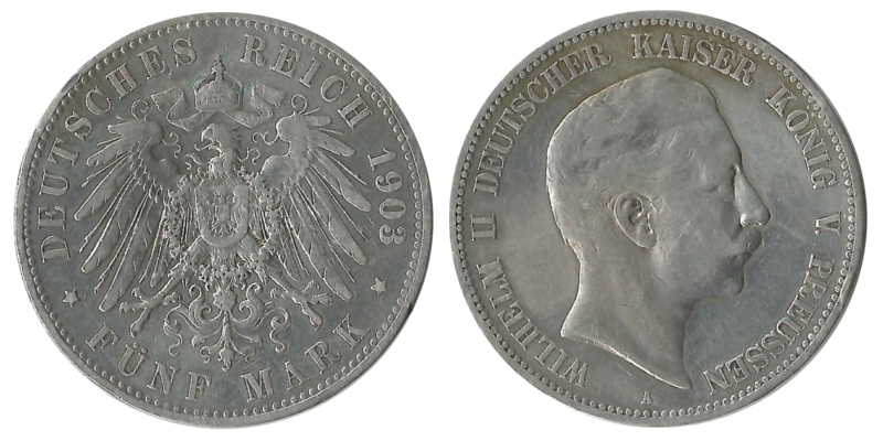  Preussen, Kaiserreich  5 Mark 1903 A  FM-Frankfurt Feingewicht: 25g Silber sehr schön   