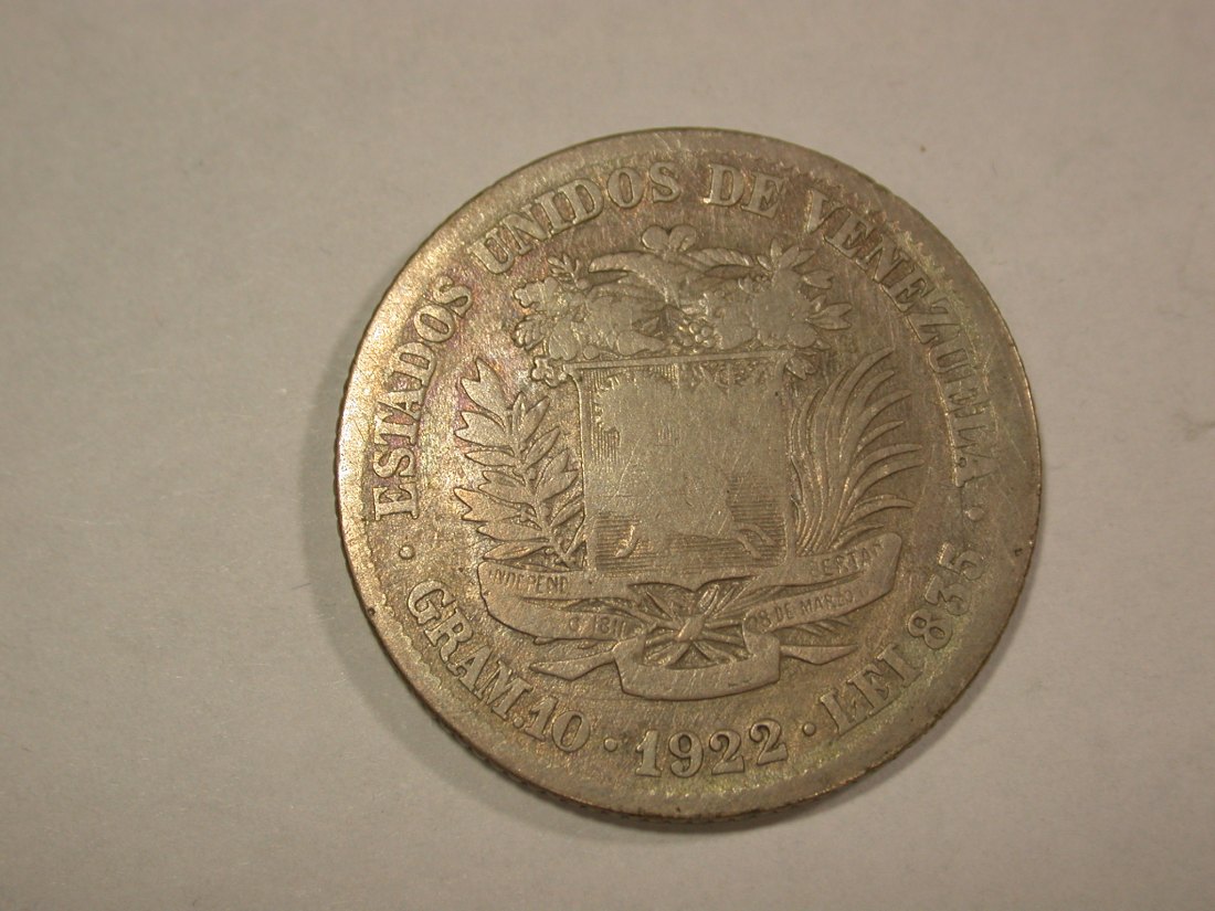 B03 Venezuela 2 Bolivares 1922 Silber in f.ss Orginalbilder