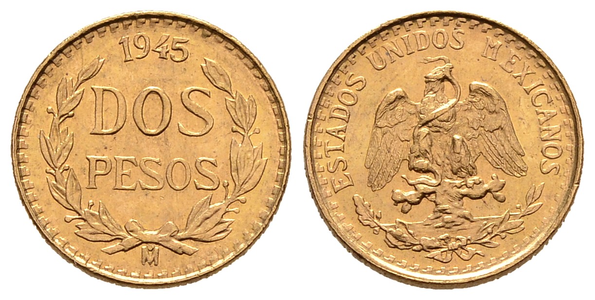 PEUS 7635 Mexiko 1,5 g Feingold 2 Pesos GOLD 1945 M Vorzüglich