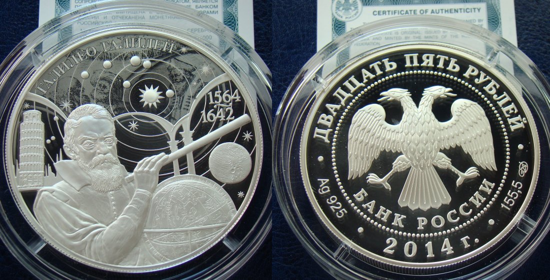 Russland 2014 25 Rubel 450 Jahrestag von Galileo Galilei 5 Unze Silber (PP) Original+Zertifikat