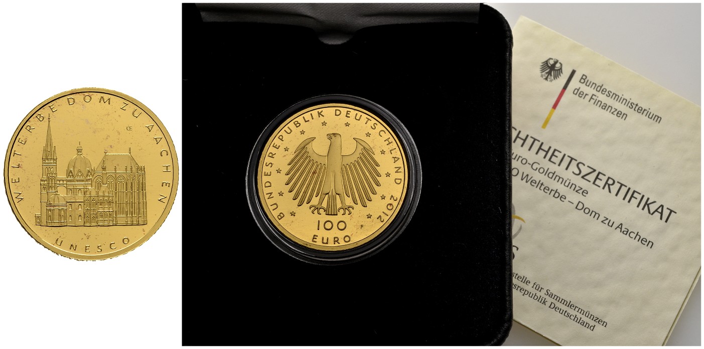 PEUS 7 BRD 15,55 g Feingold. Dom zu Aachen mit Etui + Zertifikat 100 Euro GOLD 2012 F Stuttgart Kl. roter Flecken, Stempelglanz